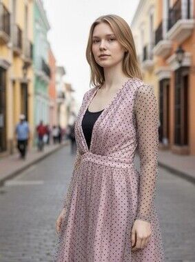 Double Crazy Womens Dress Size Small Pink Long Sleeve Polka Dot Mini Coquette